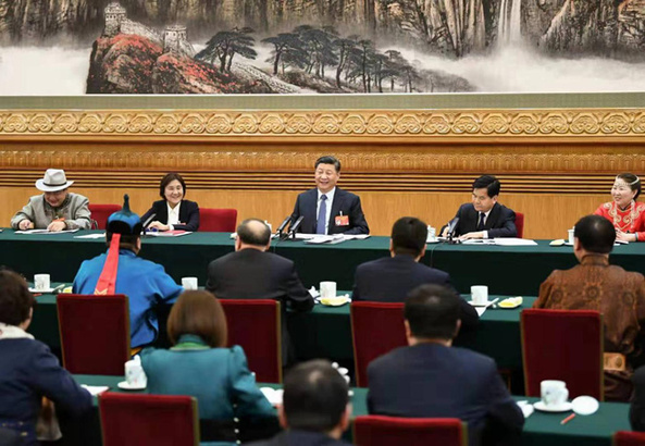 2019年3月5日，習(xí)近平參加十三屆全國(guó)人大二次會(huì)議內(nèi)蒙古代表團(tuán)的審議。
